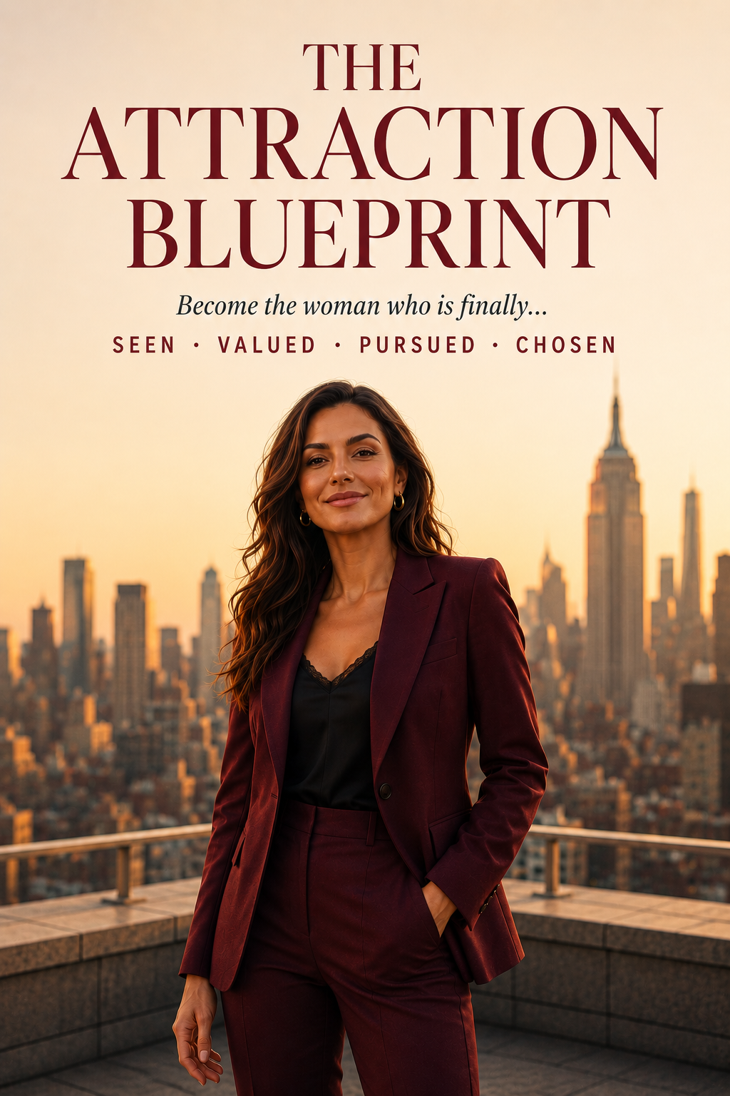 Cover of The Attraction Blueprint: a woman in a burgundy suit on a city rooftop, with the words seen, valued, pursued, chosen